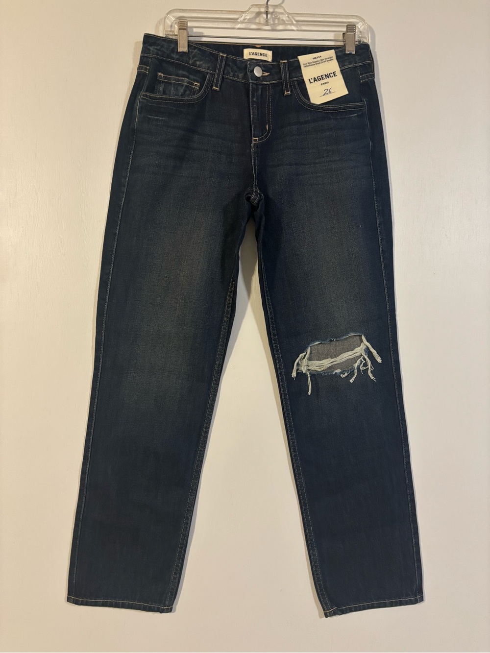 L'AGENCE Dark Blue Straight Jeans with Knee Distress